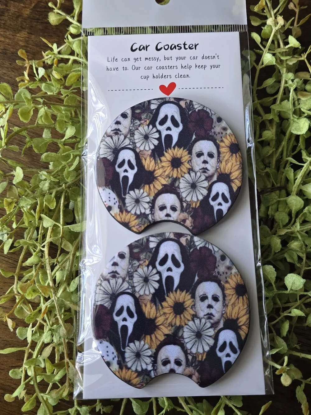 Car Coaster Set - Floral Horror Pattern in Black, Yellow & White - Picture 1 of 1